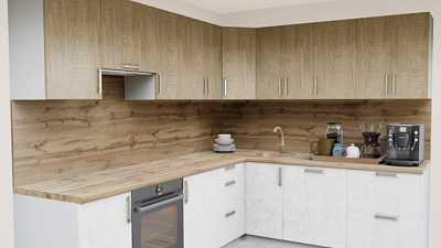 Кухня угловая Дуб сонома светлый - Штукатурка кремовая